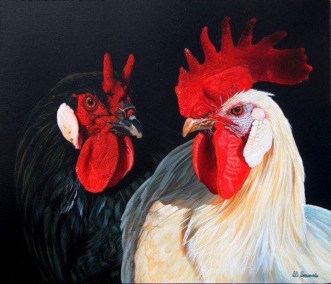 Tirages d'art sur Toile Tableau de coqs par la peintre animalier Laurence Saunois