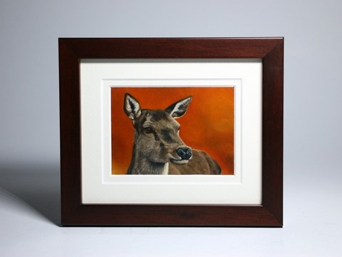 Peinture miniature encadrée de biche : peintre animalier laurence Saunois