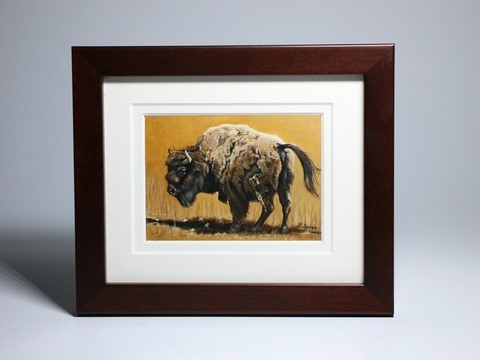 Peinture miniature encadrée de bison  : peintre animalier Laurence Saunois