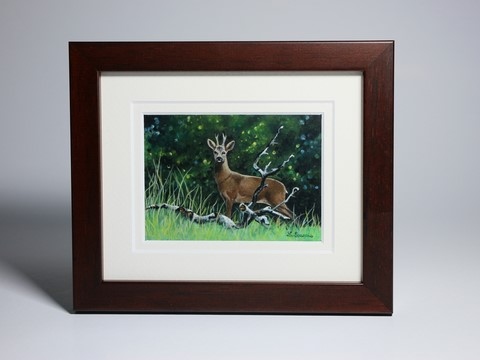 Framed miniature painting of deer : wildlife artist Laurence Saunois