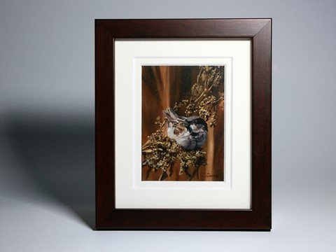 Framed miniature painting of sparrow : wildlife artist Laurence Saunois