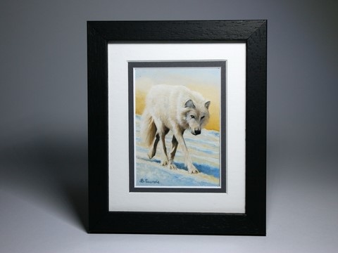 Peinture miniature de loup arctique encadrée : peintre animalier Laurence Saunois
