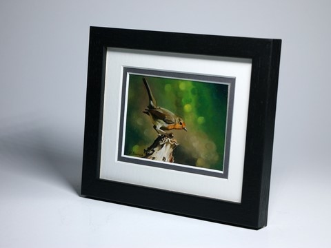 Framed miniature painting of robin : wildlife artist Laurence Saunois