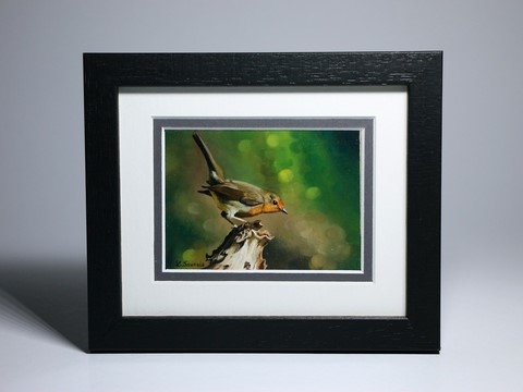 Framed miniature painting of robin : wildlife artist Laurence Saunois