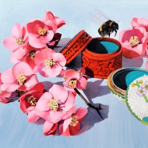 Peinture de fleurs, boites et bourdon par Laurence Saunois, artiste peintre animalier