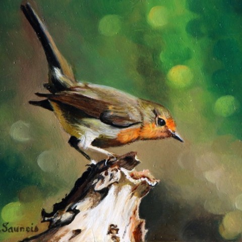 Peinture miniature d'un rouge gorge - Laurence Saunois, peintre animalier 