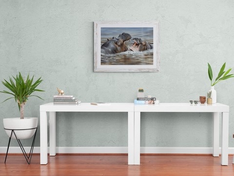 Peinture d'hippopotames dans un salon ; peintre animalier Laurence Saunois