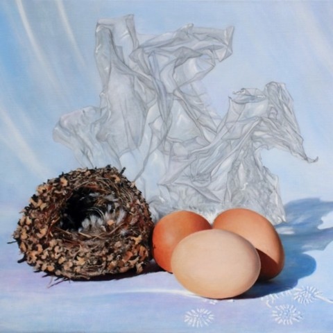 Tableau oeufs, nid et poule en plastique par laurence Saunois, artiste peintre animalier