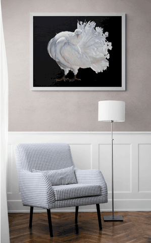 Peinture d'un pigeon fantail dans un salon par la peintre animalier Laurence Saunois