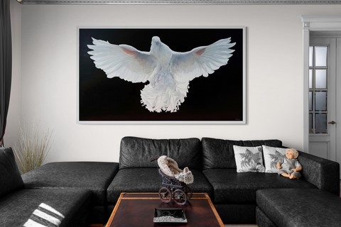 Tableau de pigeon blanc en situation par Laurence Saunois, peintre animalier