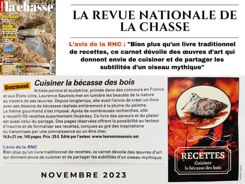 Avis de la Revue Nationale de la Chasse sur le livre de recettes Cuisiner la bécasse des bois de Laurence Saunois