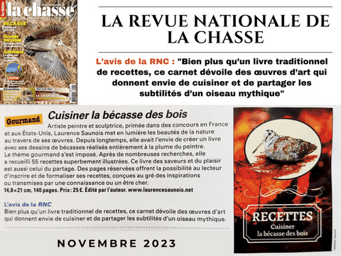 Avis de la Revue Nationale de la Chasse sur le livre de recettes Cuisiner la bécasse des bois de Laurence Saunois