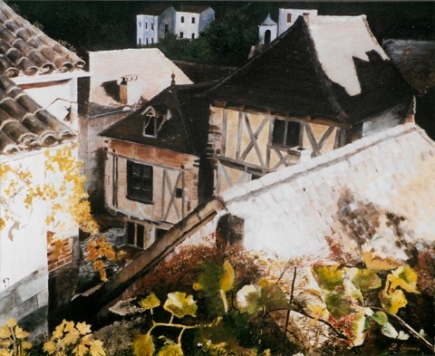 Toitures de Saint Cirq Lapopie - Peinture par Laurence Saunois, artiste peintre