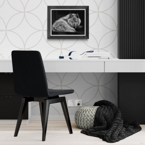 Scratchboard d'un loup blanc couché en situation au dessus d'un bureau