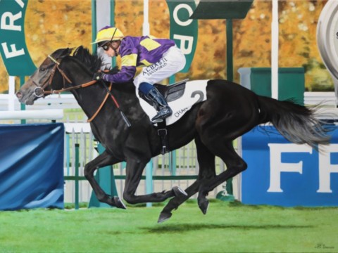 Peinture de Cheval de course à l'arrivée - laurence Saunois, peintre animalier