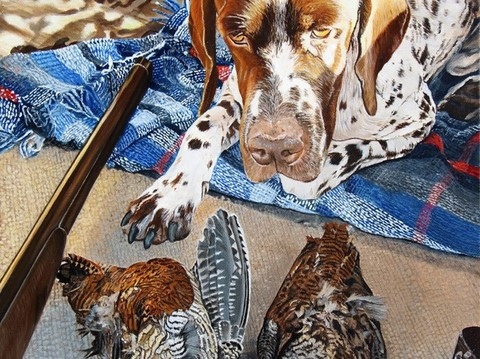 Peinture de chien et bécasses (détails) : peintre animalier Laurence Saunois