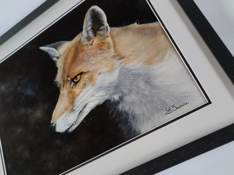 Détails encadrement - Peinture d'un portrait de renard roux par la peintre animalier Laurence Saunois