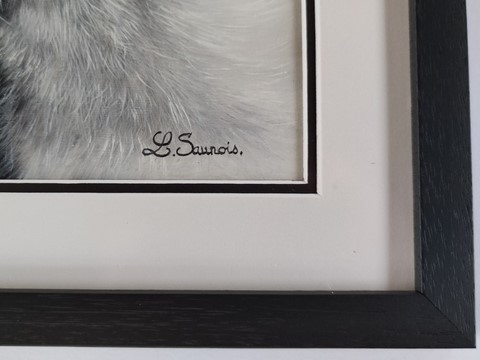 Détails encadrement - Signature - Peinture d'un portrait de renard roux par la peintre animalier Laurence Saunois