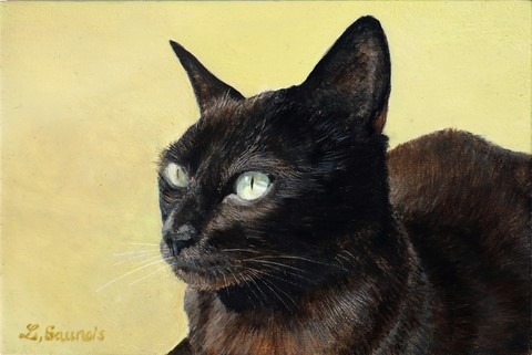 Peinture miniature de chat noir par la peintre animalier Laurence Saunois
