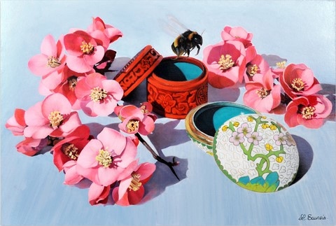 L'arrivée du printemps (fleurs, boites et bourdon) par Laurence Saunois, artiste peintre animalier