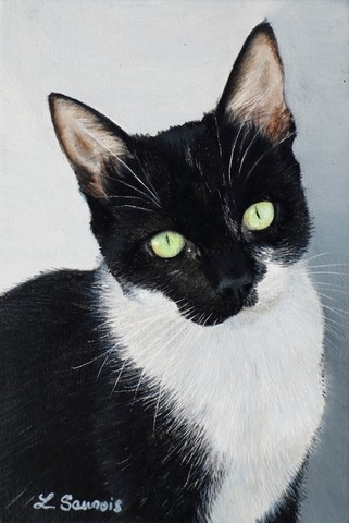 Tableau miniature de chat noir et blanc par la peintre animalier Laurence Saunois 