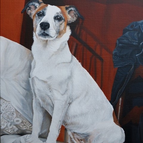 Tableau de Chien sur une chaise par Laurence Saunois, peintre animalier