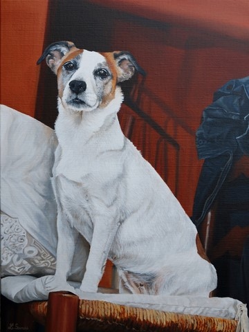 Tableau de Chien sur une chaise par Laurence Saunois, peintre animalier