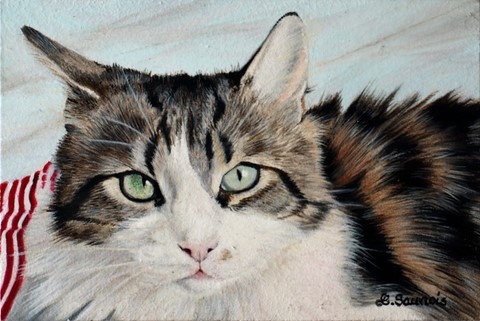 Tableau miniature de chat -portrait- par la peintre animalier Laurence Saunois