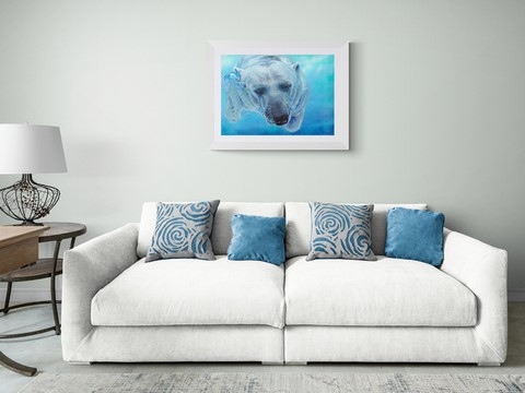 Peinture d'ours polaire dans un salon par Laurence Saunois, artiste animalier
