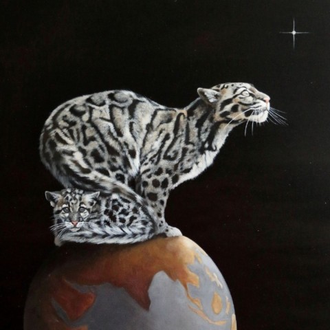 Peinture de panthère nébuleuse avec son petit sur la planère Terre