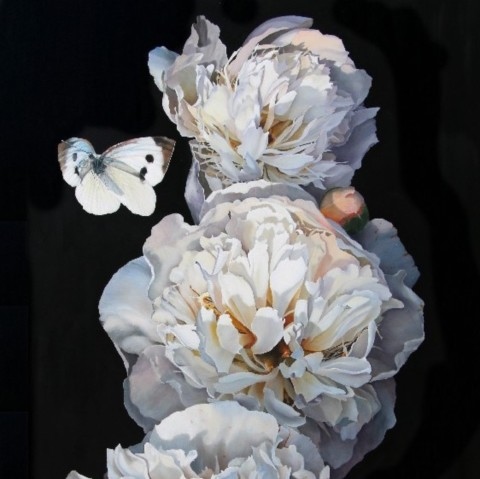 “Painting of white peonies with a butterfly by wildlife artist Laurence Saunois.