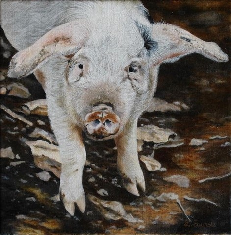 Cliquez pour agrandir Peinture de petit cochon par Laurence Saunois, artiste peintre animalier